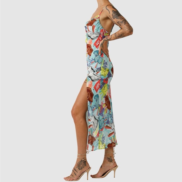 BNWT Jagger & Stone JGR & STN Miami Maxi Dress W Slit NEW Sz 0 XS Lt Blue Print - Picture 2 of 10